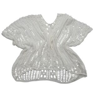 White Open Knit Crochet V-Neck Top Boho Summer Sheer Ladder Stitch Cover Up OS